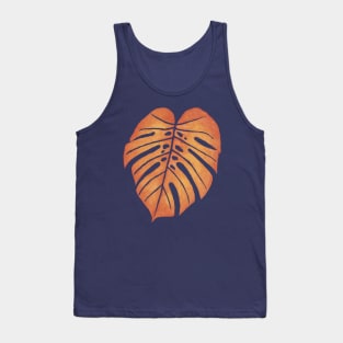 ORANGE MONSTERA LEAF – Watercolor Tropical Frond In Red & Yellow Against Slate Tank Top